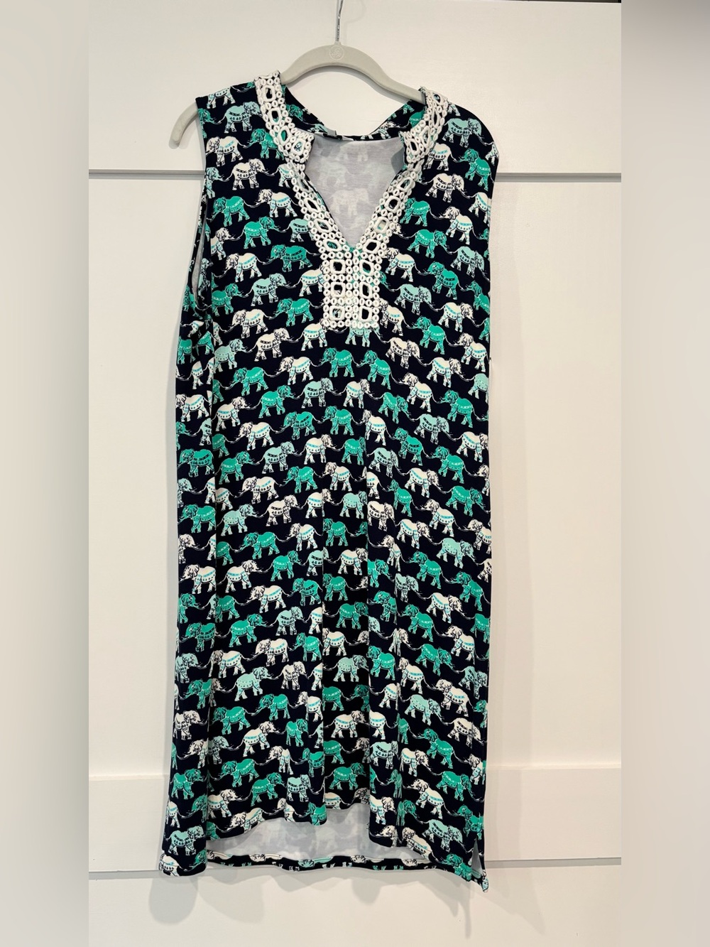 crown & ivy Navy Dress with Teal and White Elephant Print